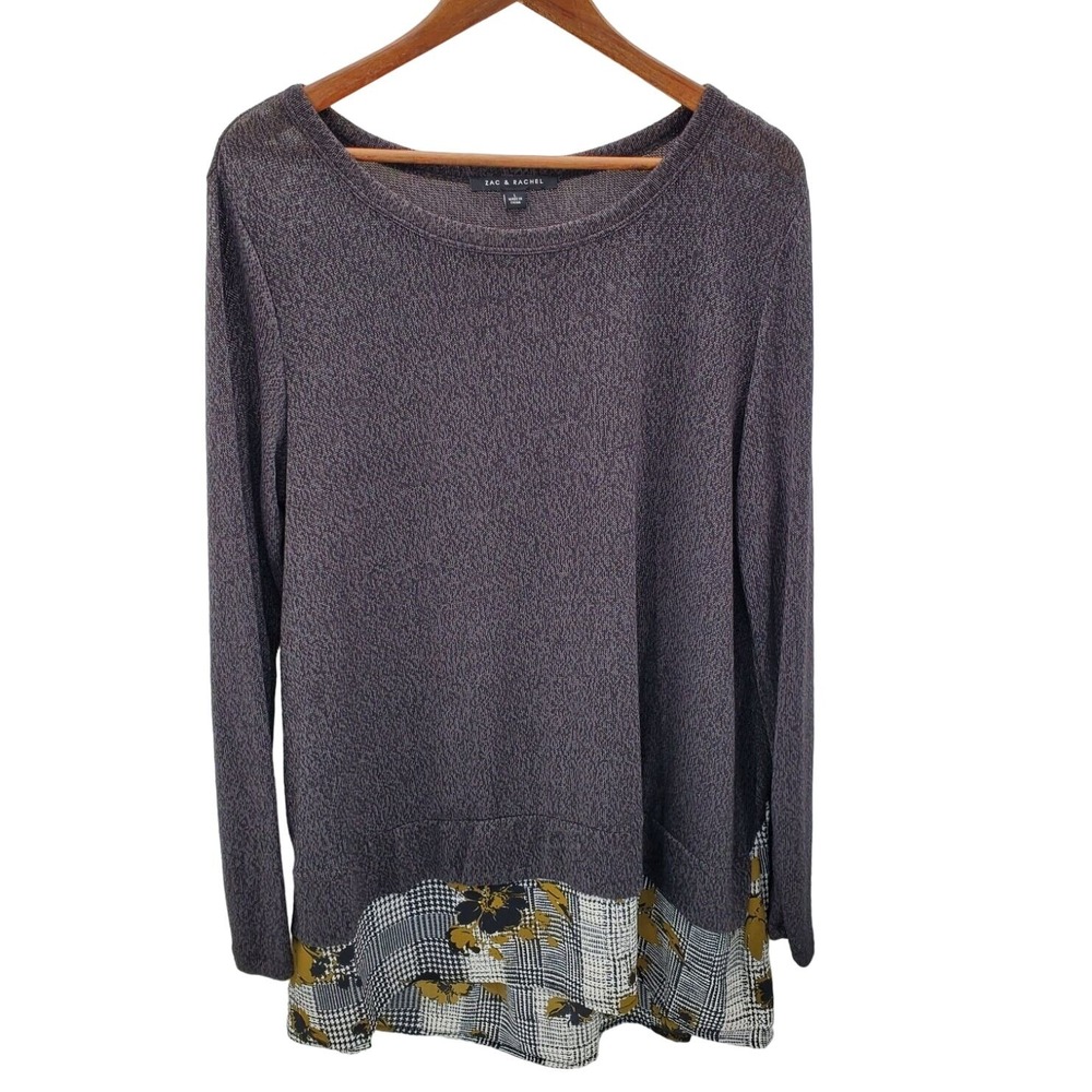 Zac & Rachel Womens L Gray Knit Layered Plaid Floral Hem Lightweight Top